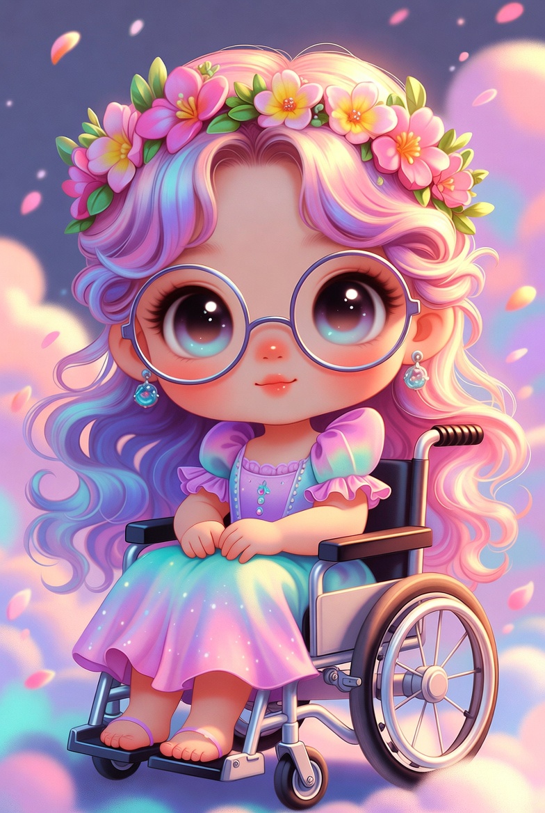 Ilustração da Lorenna, uma menina de óculos com coroa de flores, sorrindo em sua cadeira de rodas